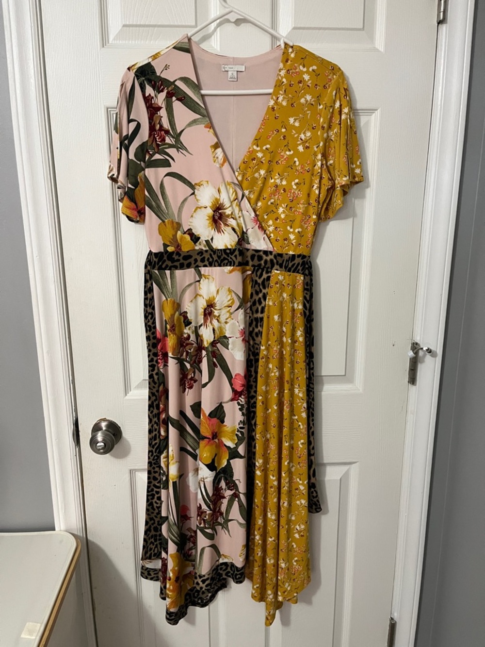Floral & Mustard Mixed-Print Wrap Midi Dress